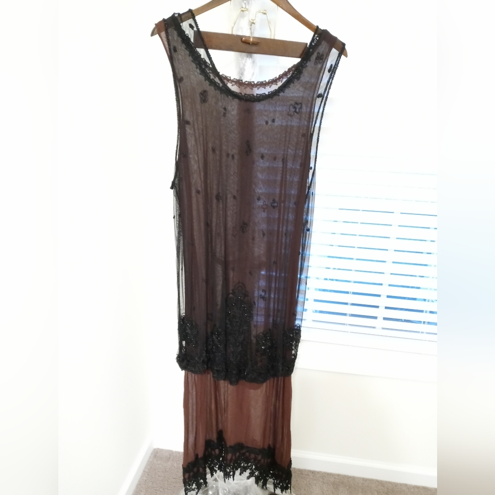UNIQUE VINTAGE  2 Pieces Designer Sheer Elegance Chocolate Sequence Evening Wear